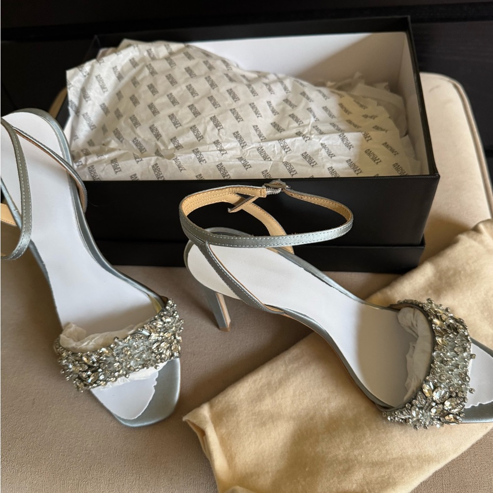 Silver High Heels with Ankle Strap and Rhinestone Detail